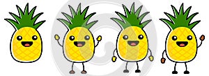 Cute kawaii style Pineapple fruit icon, outlined, large eyes, smiling with open mouth. Version with hands raised, down and waving