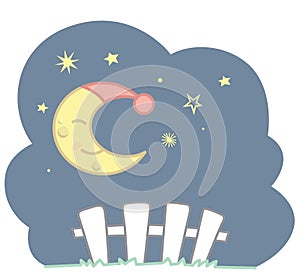 Cute Kawaii Style Sleeping Crescent Moon With Blue Night Cap Stars and White Picket Fence Night Scene Vector Illustration Isolated