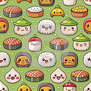 Cute kawaii sushi and Asian food pattern