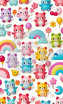 Cute kawaii teddy bear rainbow pattern design wallpaper