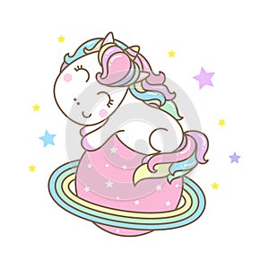 Cute kawaii unicorn on the planet. Vector illustration