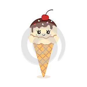Cute, kawaii vanilla ice cream with a smile in a waffle cone.