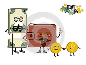 Cute kawaii vector illustration of money characters: old bundle of dollar bills, brown leather wallet and couple of golden coins.