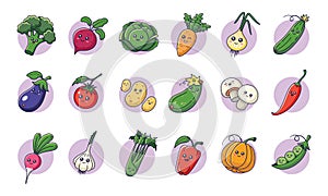 Cute kawaii vegetables set in cartoon style. Vegetables characters collection.