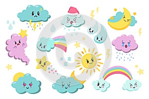 Cute kawaii weather icons. Clouds, rain, sun, stars, lightning, rainbow. Japanese cartoon manga style. Funny anime