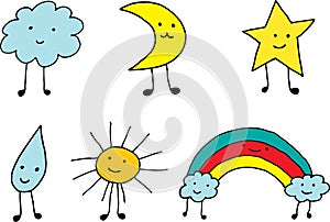 Cute kawaii weather icons. Doodle cartoon simple drawing collection. Colorful elements. Vector illustration