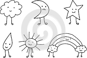 Cute kawaii weather icons. Doodle cartoon simple drawing collection. Outline elements. Vector illustration
