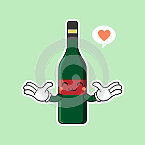 Cute and kawaii wine bottle cartoon character flat style vector illustration. funky smiling glass wine bottle character design