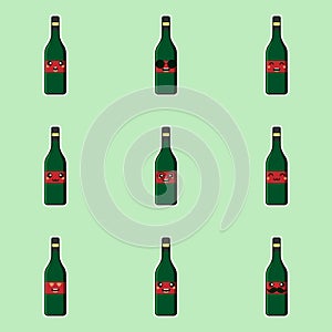 Cute and kawaii wine bottle cartoon character flat style vector illustration. funky smiling glass wine bottle character design