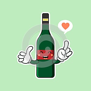 Cute and kawaii wine bottle cartoon character flat style vector illustration. funky smiling glass wine bottle character design