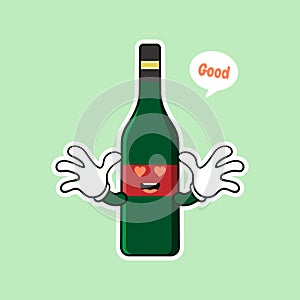 Cute and kawaii wine bottle cartoon character flat style vector illustration. funky smiling glass wine bottle character design