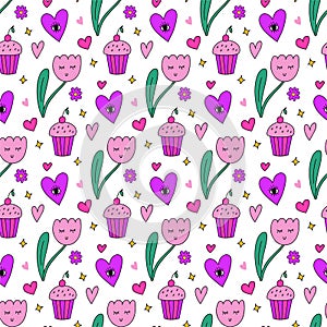 Cute kawaii y2k daisy seamless pattern background with smiling tulip flower, heart with eye, stars. Bright vector