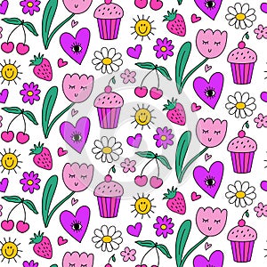 Cute kawaii y2k daisy seamless pattern background with smiling tulip flower, heart with eye, stars, strawberry. Bright