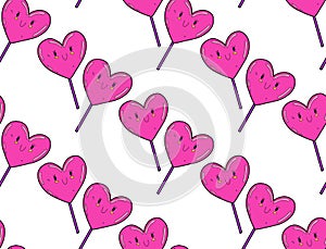 Cute kawaii y2k heart shaped lollypop with smile face seamless pattern background. Sweet character, retro 90s 2000s