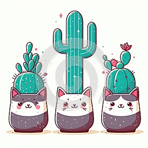 cute kawaita cats with a cacti plant illustration