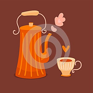 Cute kettle with hot drink and cup of tea or coffee. Tradition English afternoon teatime. Kitchen cartoon design concept.