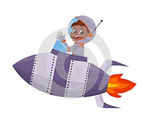 Cute Kid Astronaut Character in Space Suit Driving Rocket, Boy Dreaming of Becoming an Astronaut Cartoon Style Vector