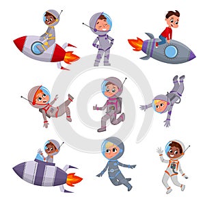 Cute Kid Astronauts Set, Children in Outer Space Suits Riding Spaceships, Space Tourists Characters Cartoon Style Vector