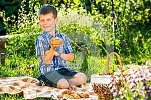 Cute kid boy having picnic