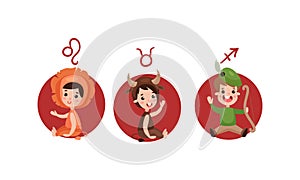 Cute Kid Characters Depicting Zodiac Sign or Astrological Sign Vector Illustration Set