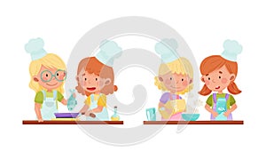 Cute kid chef characters set. Adorable children cooking and baking in the kitchen cartoon vector illustration