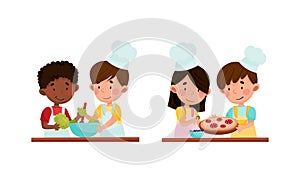 Cute kid chef characters set. Cheerful children little preparing tasty dishes in kitchen cartoon vector illustration