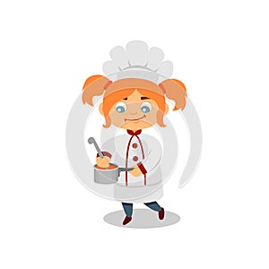 Cute kid cooking soup or sauce. Funny little girl with ponytails in chef uniform. Flat vector design