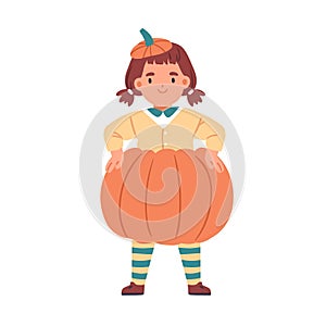 Cute kid disguised in pumpkin costume for Halloween carnival. Happy child in autumn party outfit. Funny little girl