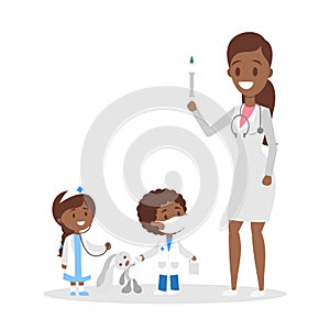 Cute kid in doctor uniform treat toy