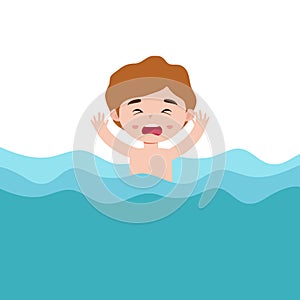 Cute kid drowning in water,  is shocked. children raising hand up for needing help isolated on background cartoon flat vector