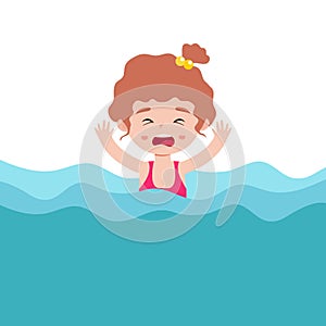 Cute kid drowning in water,  is shocked. children raising hand up for needing help isolated on background cartoon flat vector