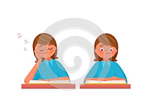 Cute kid girl read and sleep with book in class. Sleeping child at the study table. Flat vector cartoon style