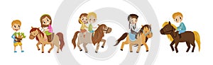 Cute Kid Jockey Riding Horse with Leading Reins Vector Set