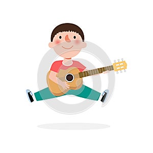 Cute kid jumping playing guitar, happy children playing the guitar. Musical performance. isolated vector Illustration on white bac