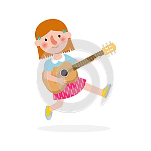 Cute kid jumping playing guitar, happy children playing the guitar. Musical performance. isolated vector Illustration on white bac