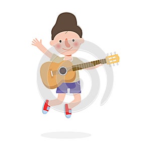 Cute kid jumping playing guitar, happy children playing the guitar. Musical performance. isolated vector Illustration on white bac