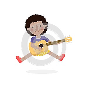 Cute kid jumping playing guitar, happy children playing the guitar. Musical performance. isolated vector Illustration on white bac