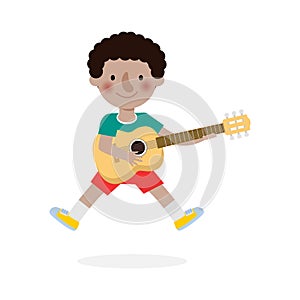Cute kid jumping playing guitar, happy children playing the guitar. Musical performance. isolated vector Illustration on white bac