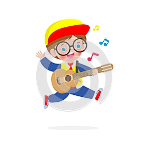 Cute kid playing guitar, happy children boy playing the guitar. Musical performance. isolated vector Illustration on white