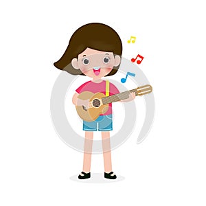 Cute kid playing guitar, happy children girl playing the guitar. Musical performance. isolated vector Illustration on white