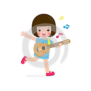 Cute kid playing guitar, happy children girl playing the guitar. Musical performance. isolated vector Illustration on white