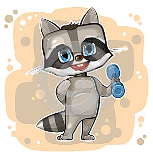 Cute kid Raccoon athlete. Dumbbell Exercise. Childrens sports. Cheerful animal. Cartoon style. Illustration for children