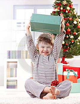 Cute kid raising christmas gift high