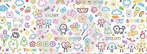 Cute kid scribble doodle icons seamless pattern. Sun flower heart cat dog rainbow cloud smile.