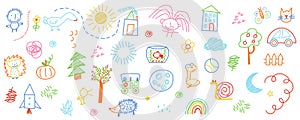 Cute kid scribble mega set in flat graphic design. Vector illustration