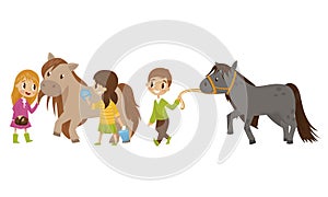 Cute Kid Taking Care of Their Horses Washing with Sponge and Walking with It Vector Set