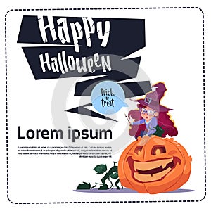 Cute Kid Wear Witch Costume Sit On Pumpkin, Happy Halloween Banner