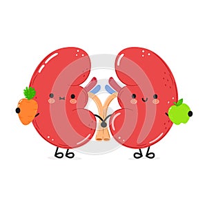 Kidneys organ with carrot, apple. Vector hand drawn doodle style cartoon character illustration icon design. Card with