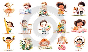 Cute kids daily activities clipart set. Cartoon watercolor illustration of children\'s activities