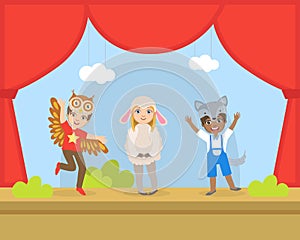 Cute Kids Actors Performing on Stage, Talented Children in Animals Costumes Showing their Artistic Talents Vector